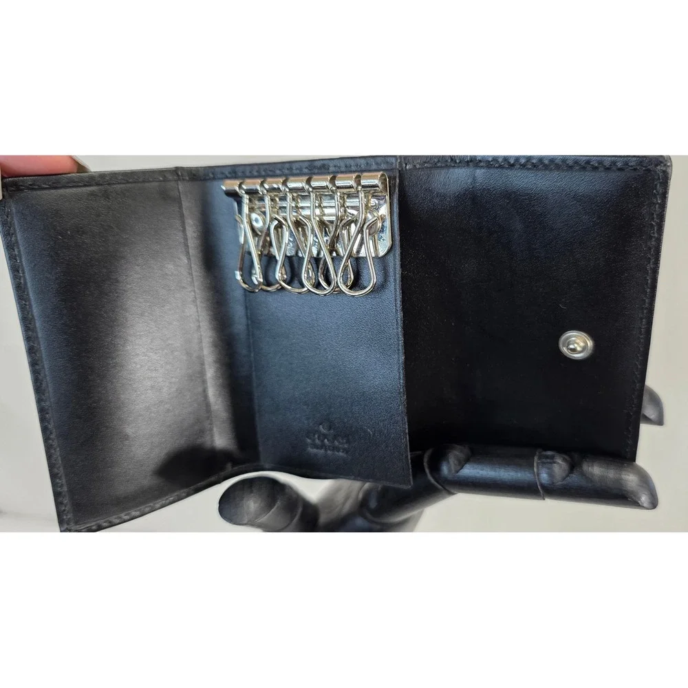Gucci GG Monogram Denim 6 Hook Key Case Black Leather Trim Made in Italy